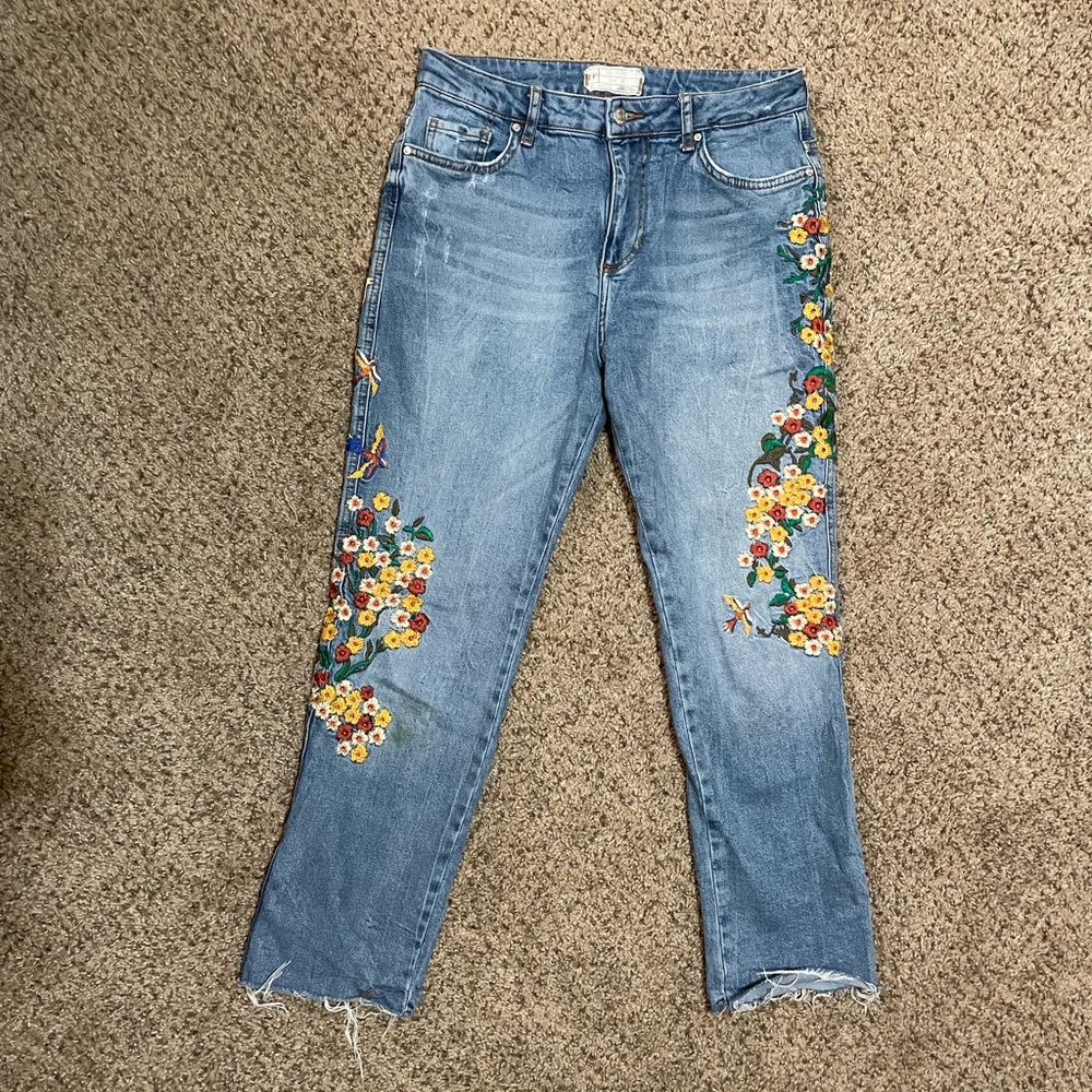 Free People Embroidered Floral Girlfriend Vintage Jeans
